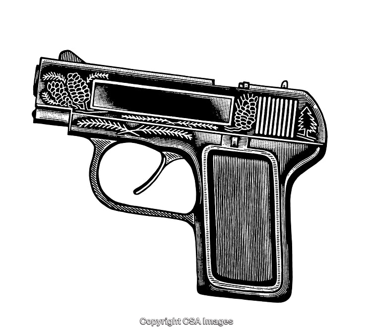 Black and White Engraved Decorative Gun Illustration Isolated On White Background
