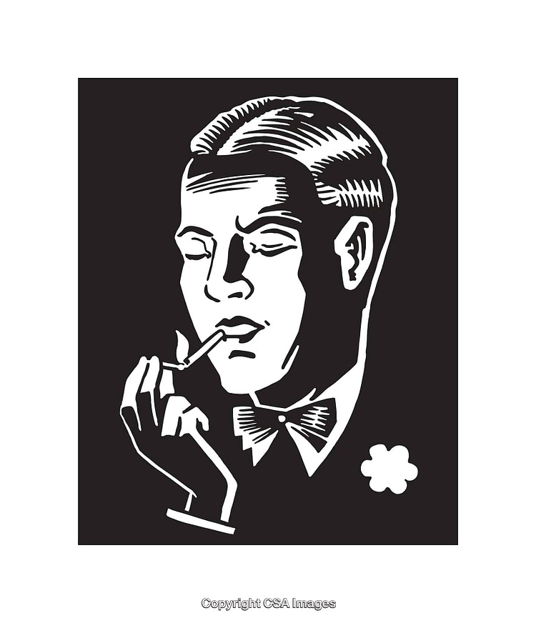 Black and White Line Art of a Man Lighting a Cigarette