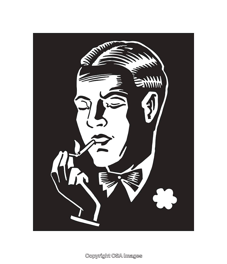 Black and White Line Art of a Man Lighting a Cigarette