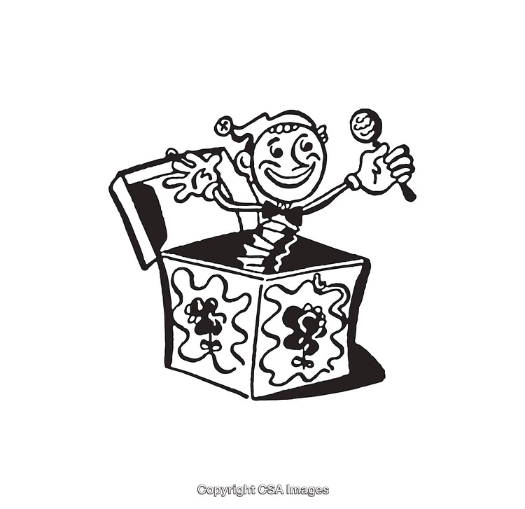 Black and White Line Art of Jack-in-the-Box Toy Illustration
