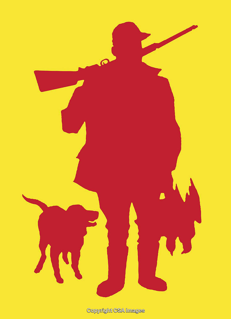 Silhouette of a Hunter with Dog on Bright Yellow Background