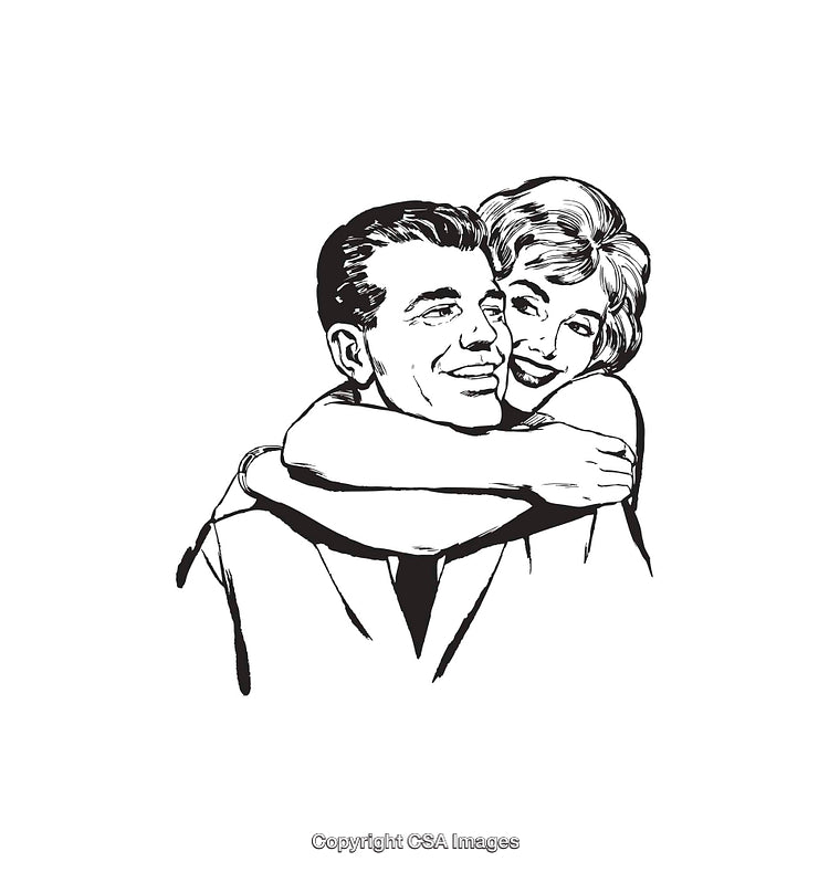Retro Black and White Illustration of a Loving Couple Embracing