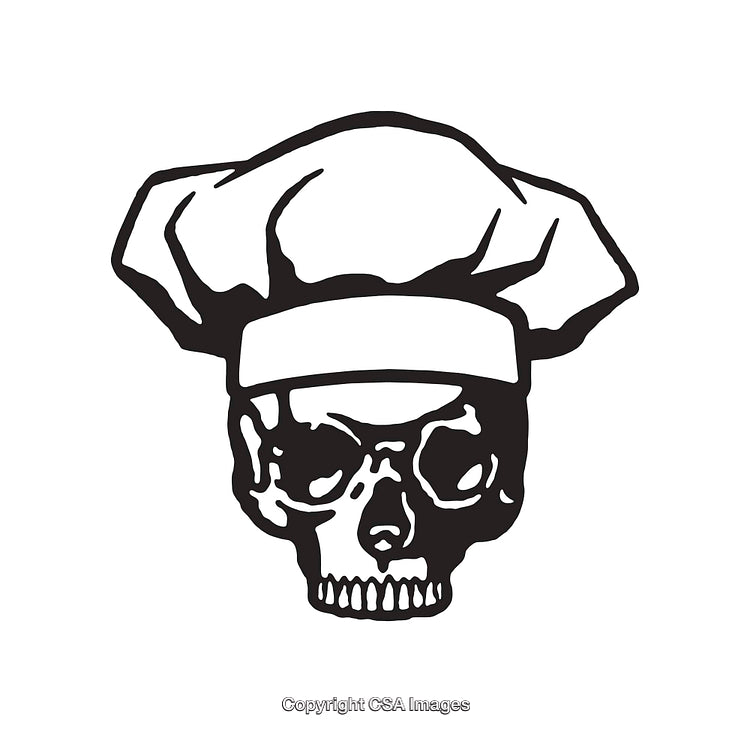 Black and White Chef Skull Artwork with Detailed Line Illustration
