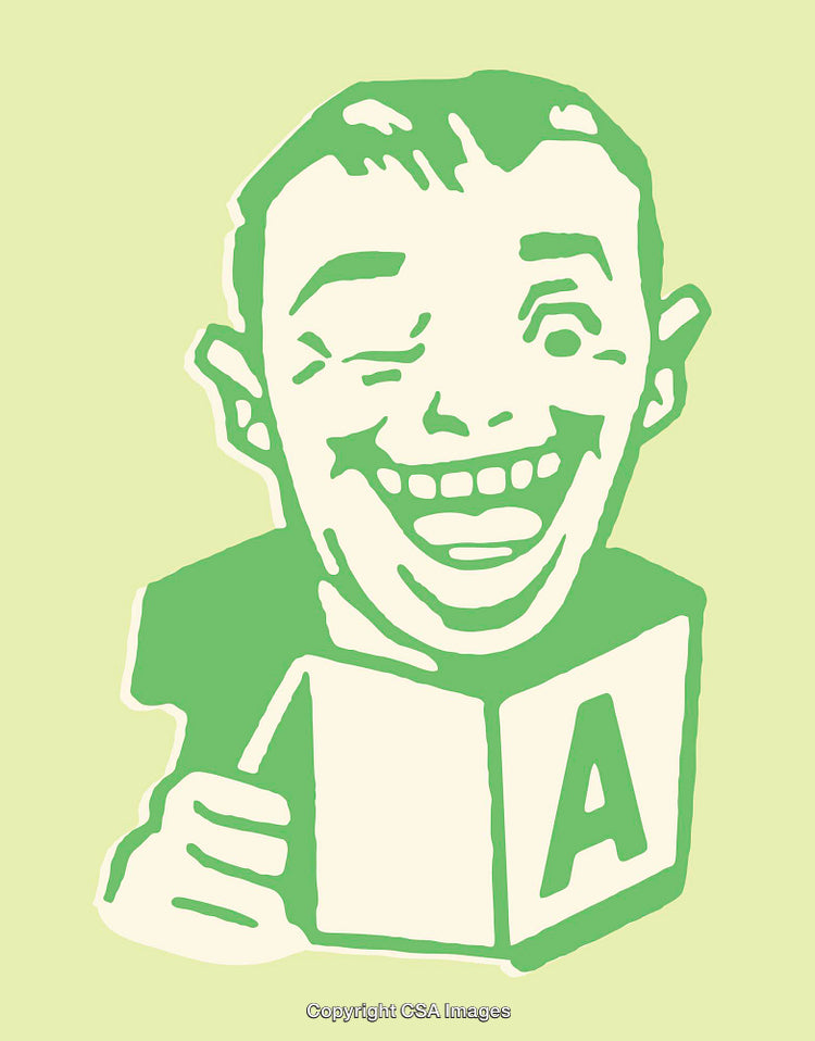 Retro Illustration of a Smiling Man Holding a Block