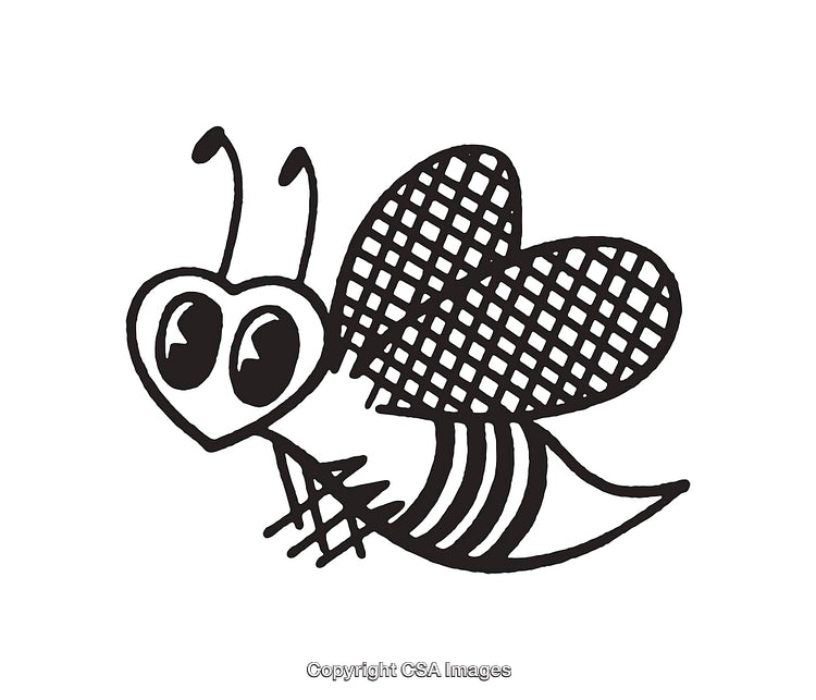 Black and White Line Art of a Cartoon Bee With Heart Details