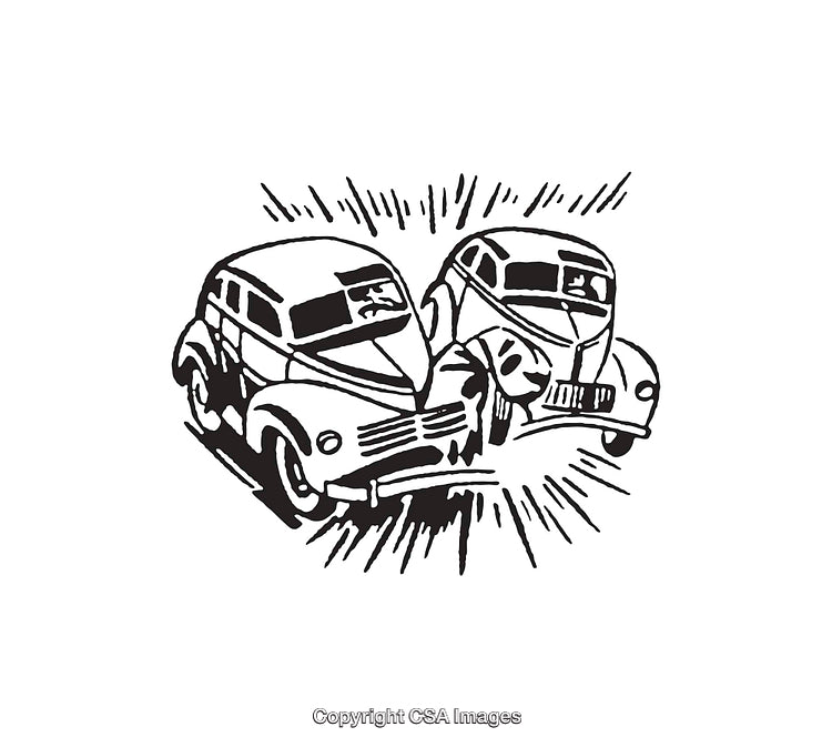 Vintage Black and White Illustration of Two Cars in a Collision
