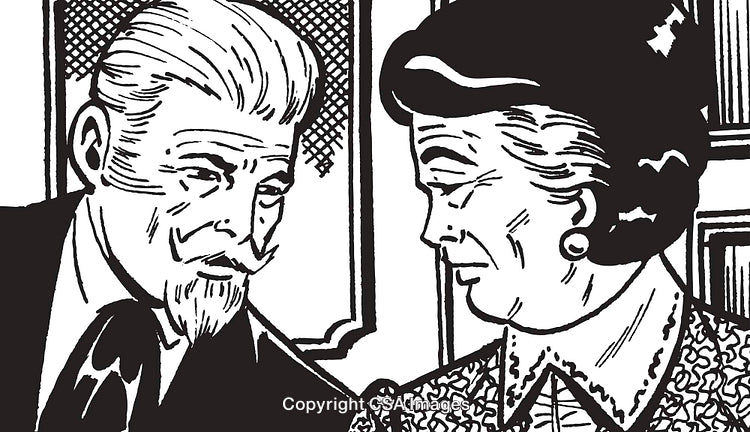 Vintage Black and White Illustration of an Elderly Man and Woman Conversing