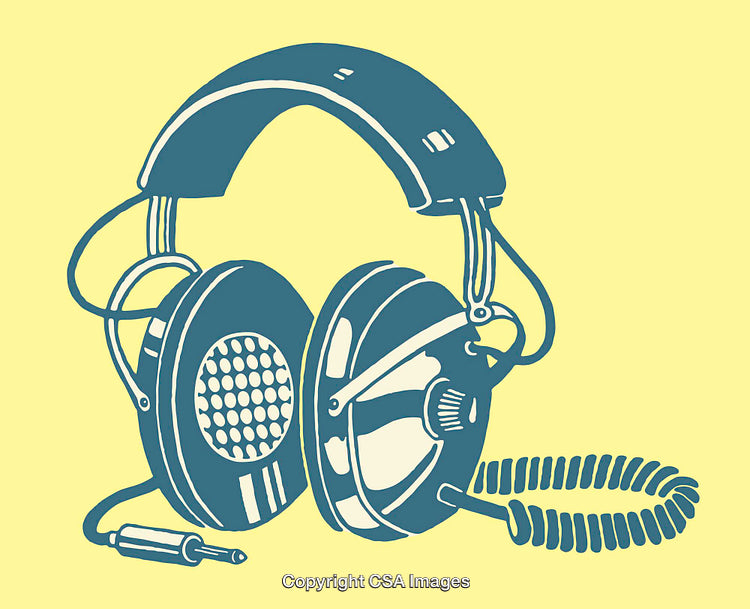 Retro Style Headphones Illustration in Color Line Artwork on Yellow Background