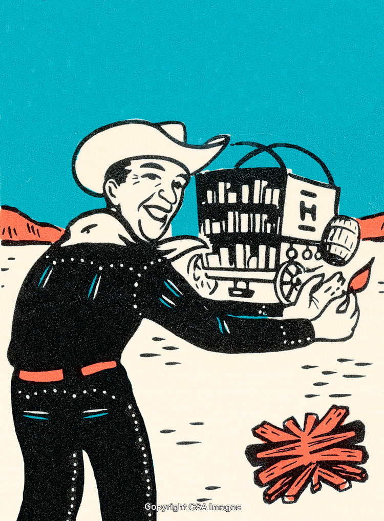 Retro Illustration of a Cowboy Lighting a Campfire in the Desert