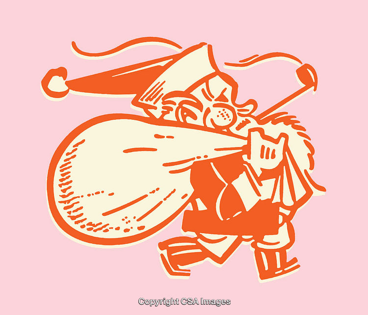 Retro Line Art of Santa Claus Carrying a Gift Sack