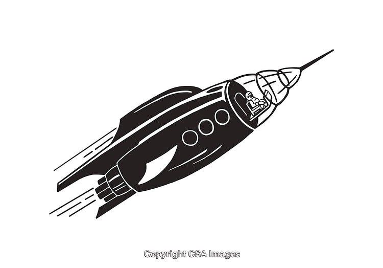 Black and White Illustration of a Rocketship with Pilot
