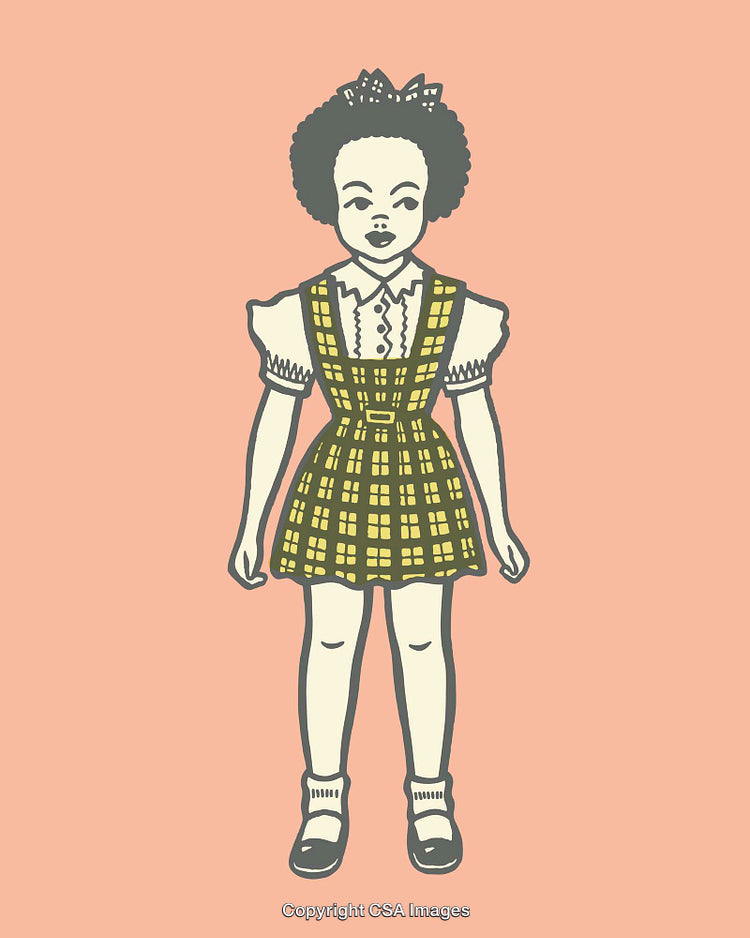 Vintage Style Illustration of a Girl in a Yellow Plaid Dress