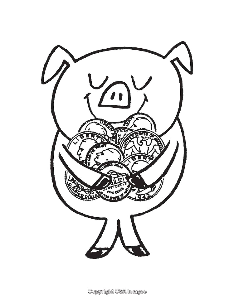 Piggy Bank Illustration Holding Coins in Black and White Line Art