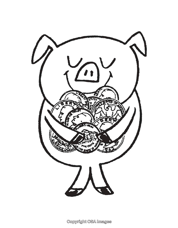 Piggy Bank Illustration Holding Coins in Black and White Line Art