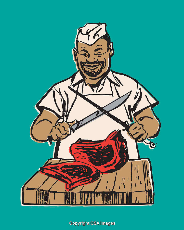 Smiling Butcher Sharpening Knives Over Fresh Meat in Line Art Illustration
