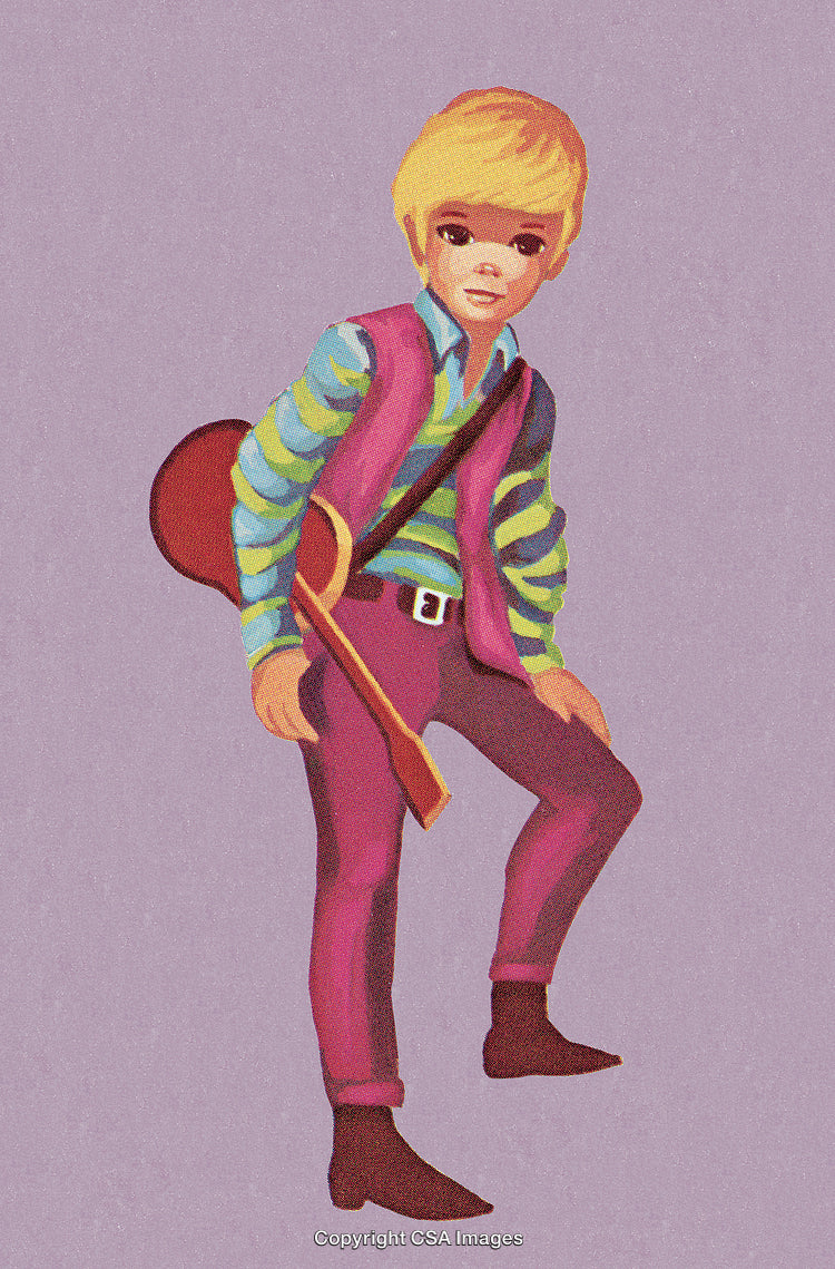 Vintage Illustration of Retro Teen Holding Guitar on Purple Background