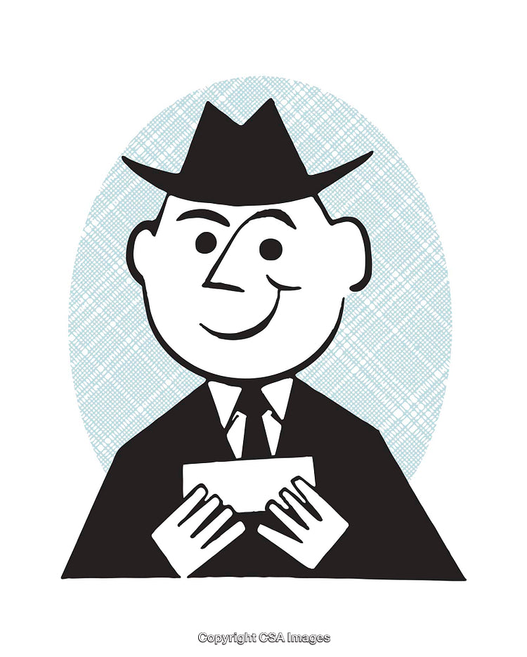 Retro Style Illustration of Smiling Man Holding an Envelope Wearing a Hat