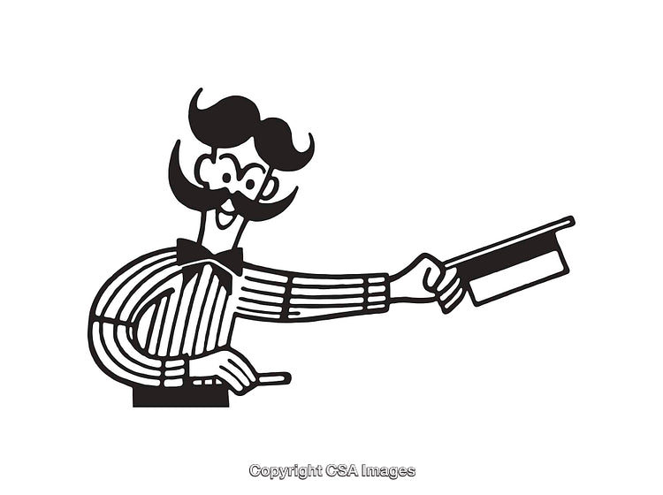 Black and White Illustration of a Gentleman With a Mustache Holding a Hat