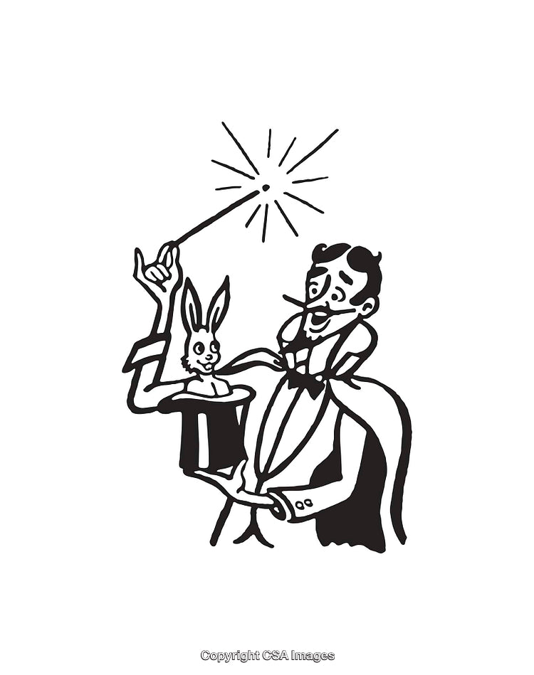 Vintage Black and White Illustration of Magician Performing Magic Trick