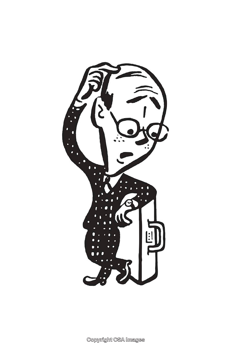 Illustrated Businessman Scratching Head Holding Briefcase in Line Art Style