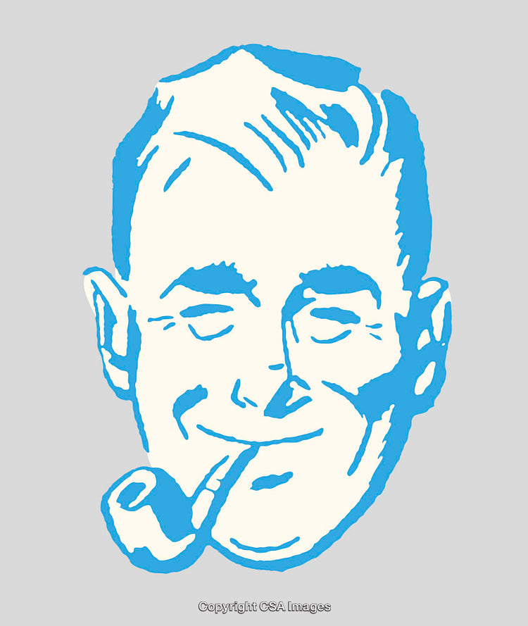 Blue and White Line Art Illustration of a Smiling Person with a Pipe