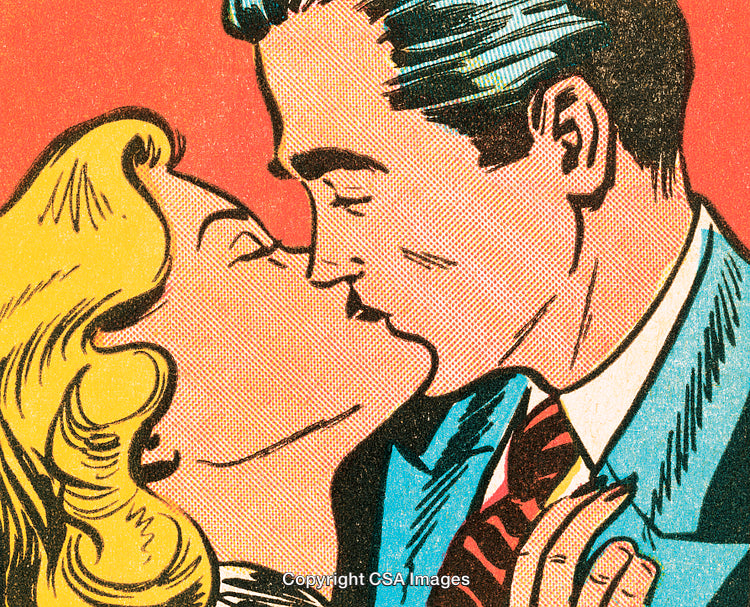 Vintage Comic-Style Illustration of a Couple Sharing a Romantic Kiss