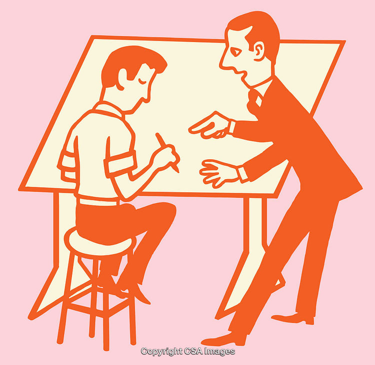 Boss Critiquing Employee's Work in Colorful Line Art Illustration