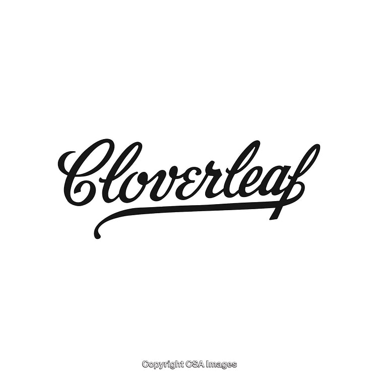 Cursive Cloverleaf Emblem in Black Text on White Background