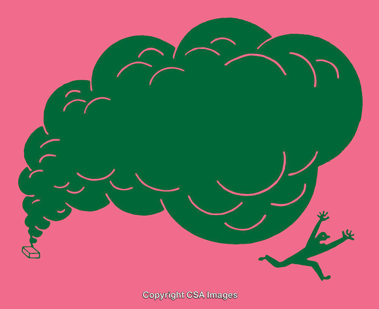 Person Escaping a Cloud of Smoke in Minimalist Illustration Style