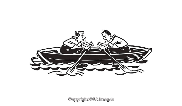Two Men Rowing a Boat in Black and White Illustration