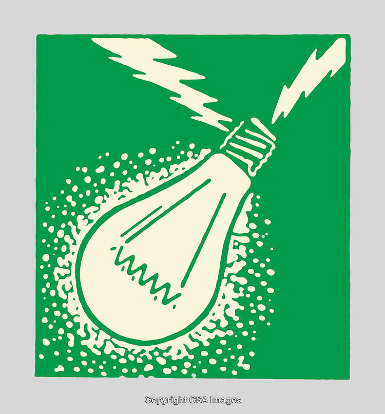 Retro Style Lightbulb Illustration with Lightning on Green Background