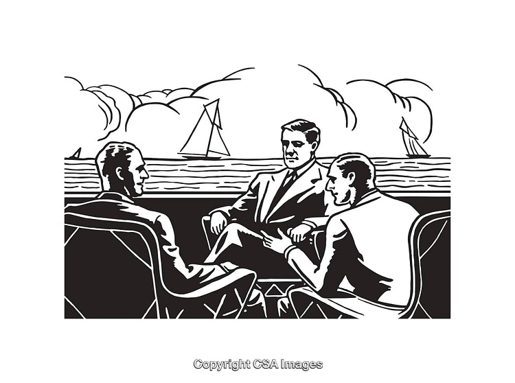 Businessmen Conversing by Sea in Black and White Illustration