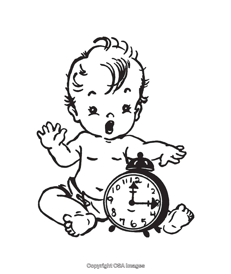 Vintage Style Black And White Illustration of a Baby With an Alarm Clock