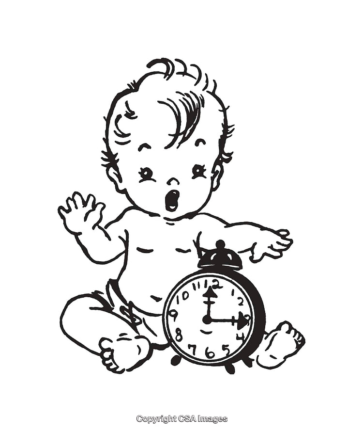 Vintage Style Black And White Illustration of a Baby With an Alarm Clock