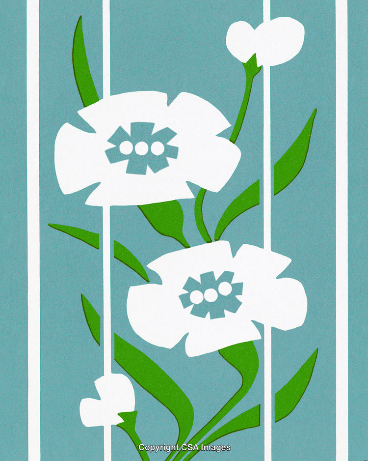 Floral Pattern Artwork with White Flowers and Green Leaves on Blue Background