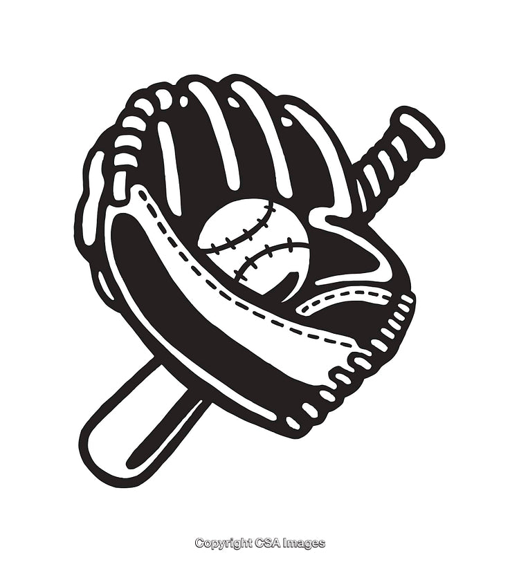 Black and White Line Art of Baseball Elements with Bat and Glove