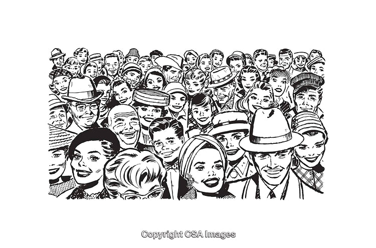 Retro Black and White Crowd Line Drawing with Happy Faces