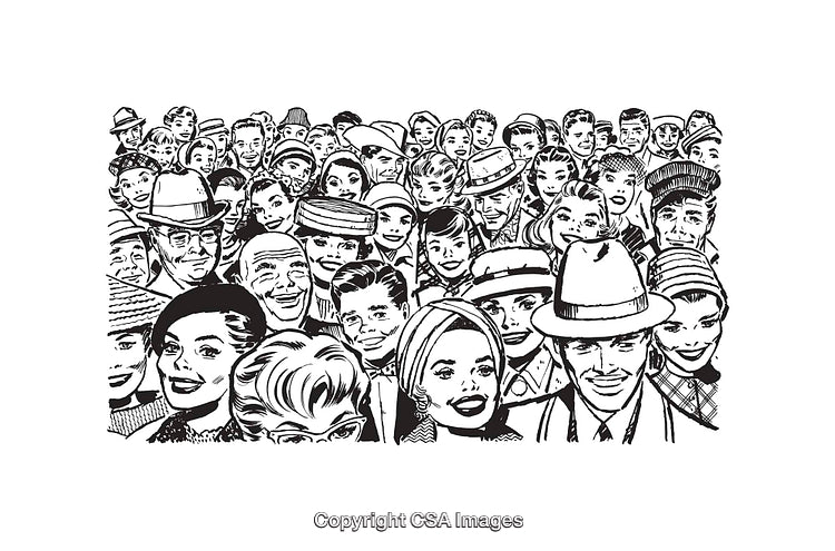 Retro Black and White Crowd Line Drawing with Happy Faces