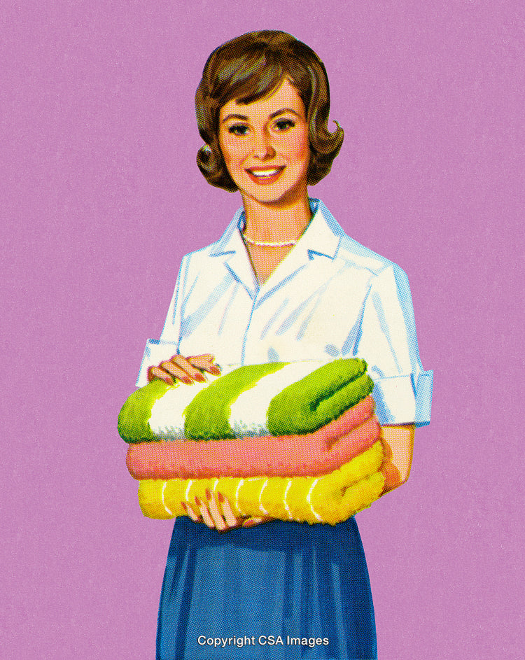 Smiling Woman Holding Folded Colorful Towels Against a Vibrant Background