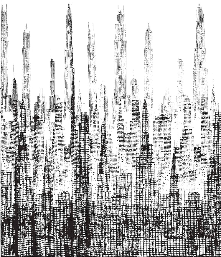 Abstract Black and White Skyscraper Cityscape with Geometric Patterns