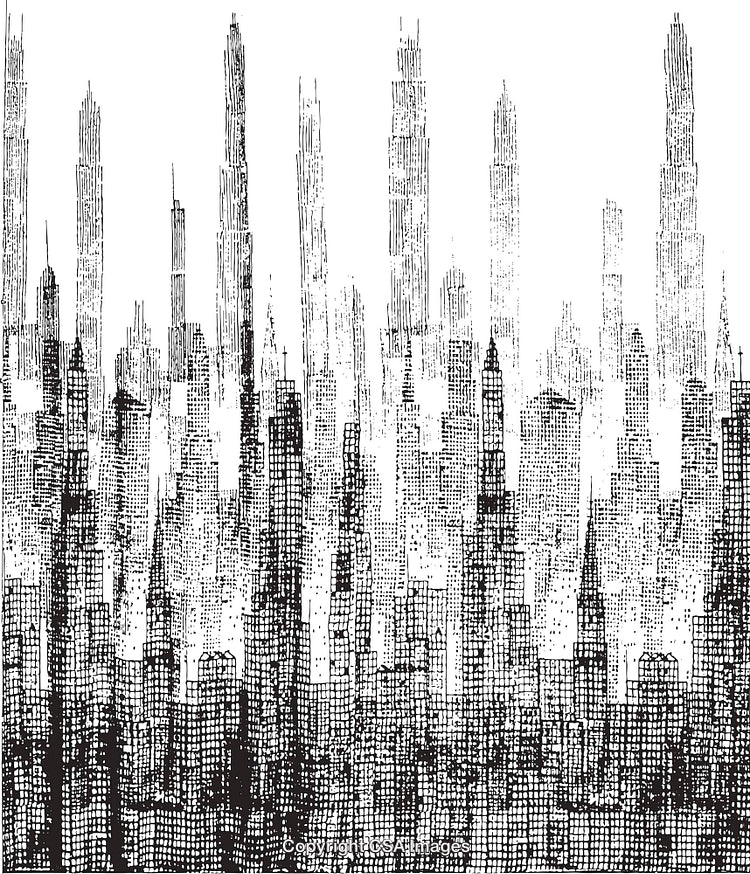 Abstract Black and White Skyscraper Cityscape with Geometric Patterns