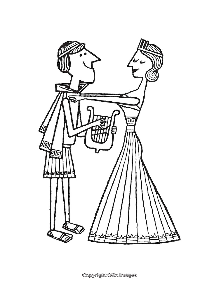 Greek Mythology Line Art Depicting Musical Duo in Ancient Attire