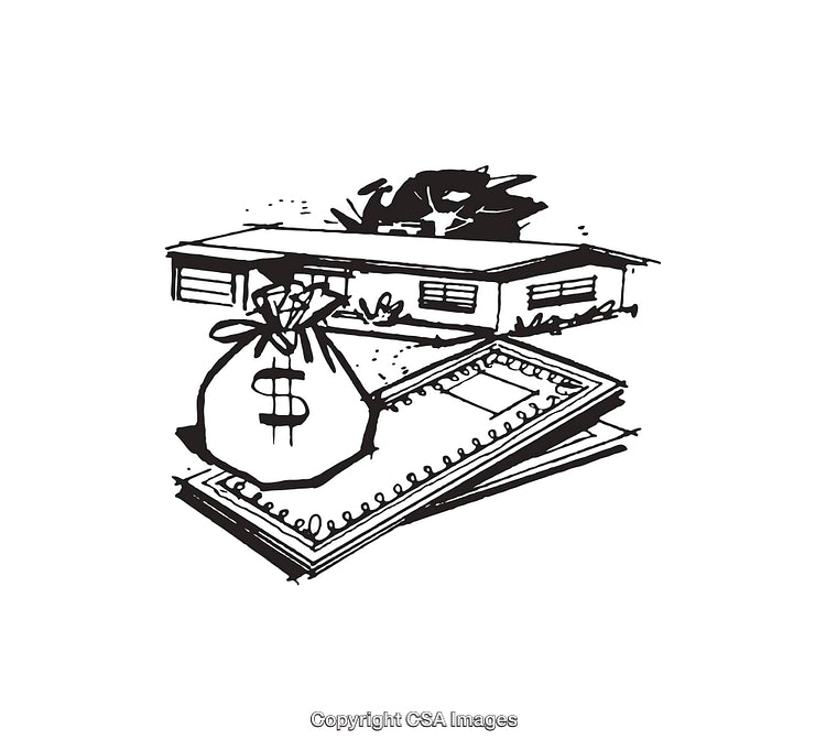 Minimalist Black and White Line Art Depicting Financial Wealth and Property
