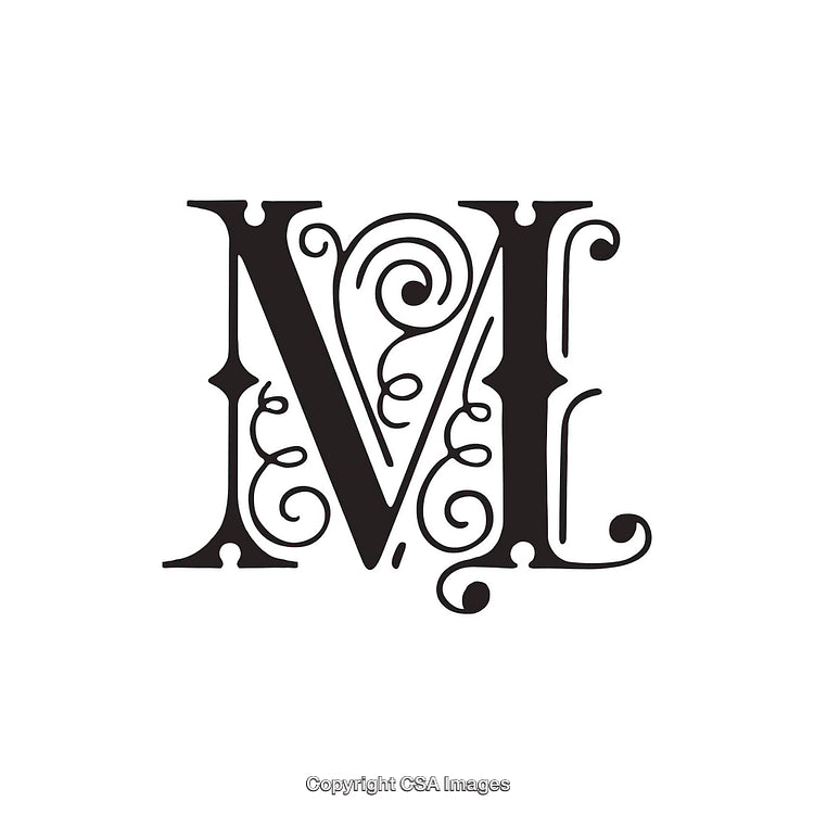 Ornate Black Letter M with Swirling Decorative Details