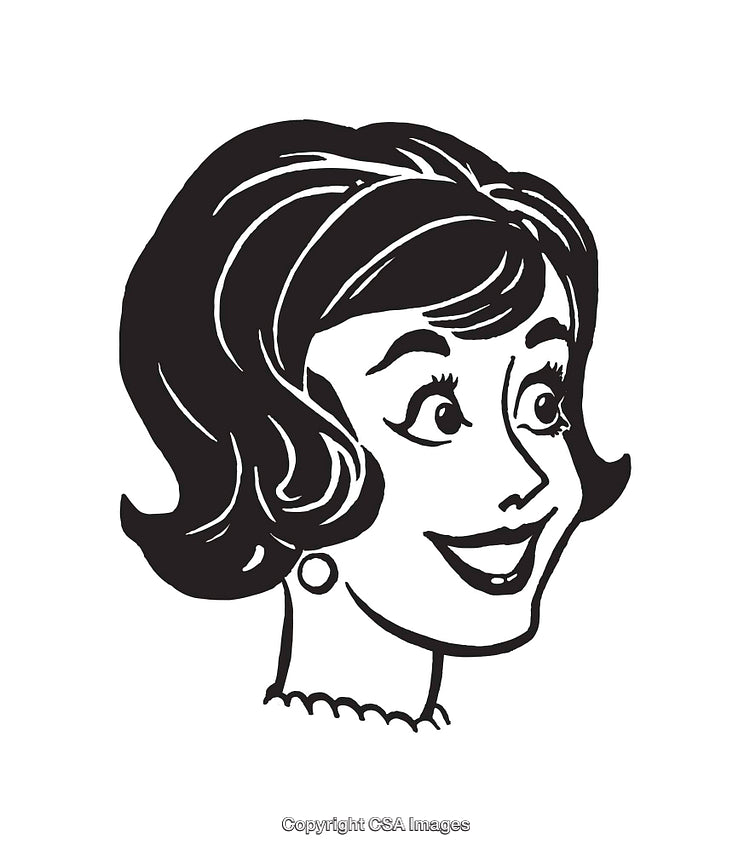 Retro Black and White Illustration of a Smiling Woman Looking Excited