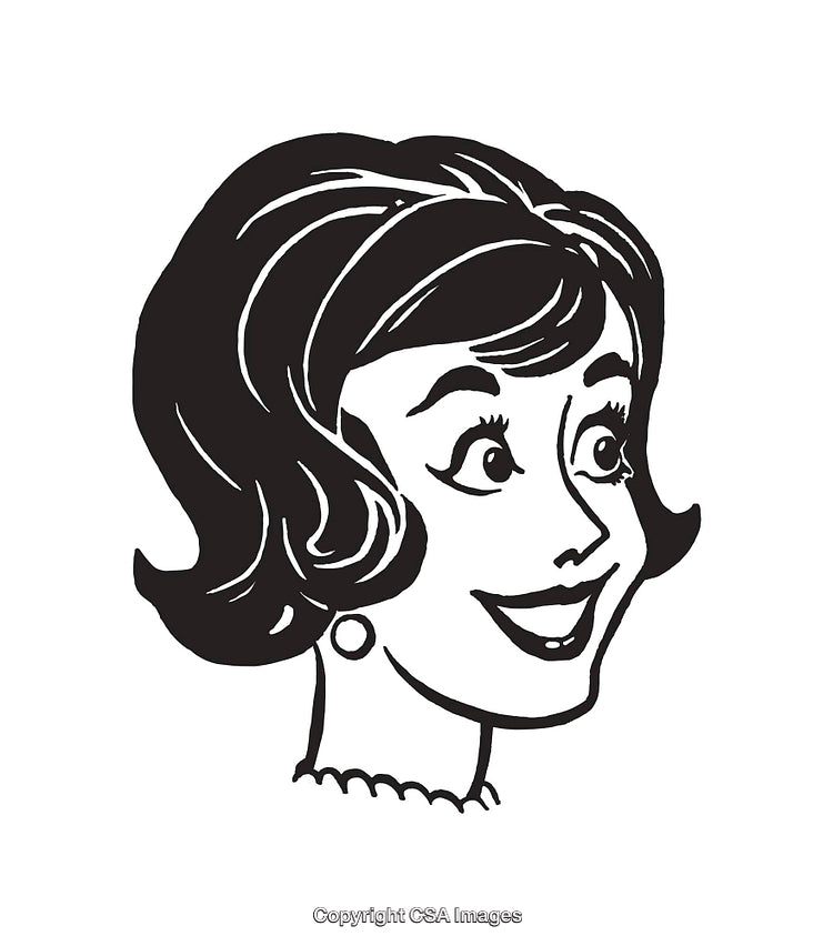 Retro Black and White Illustration of a Smiling Woman Looking Excited