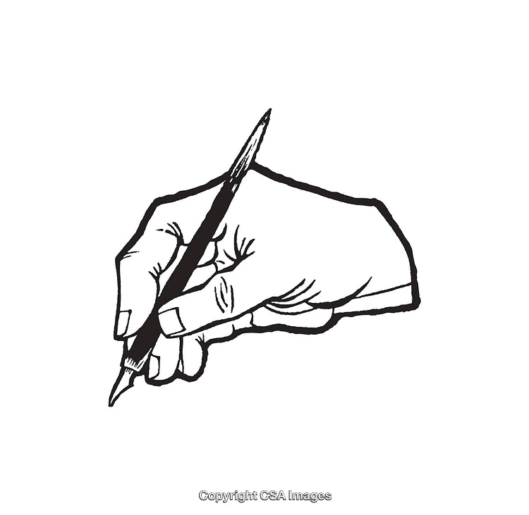 Hand Holding a Pen in Black and White Line Art