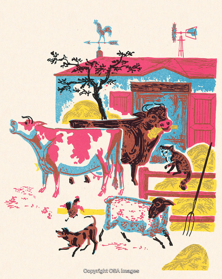 Colorful Farm Animals in a Rustic Barnyard Setting Illustration