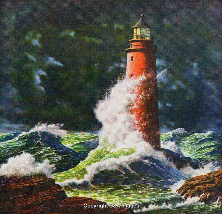 Red Lighthouse Battling Stormy Waves Under a Dark Sky