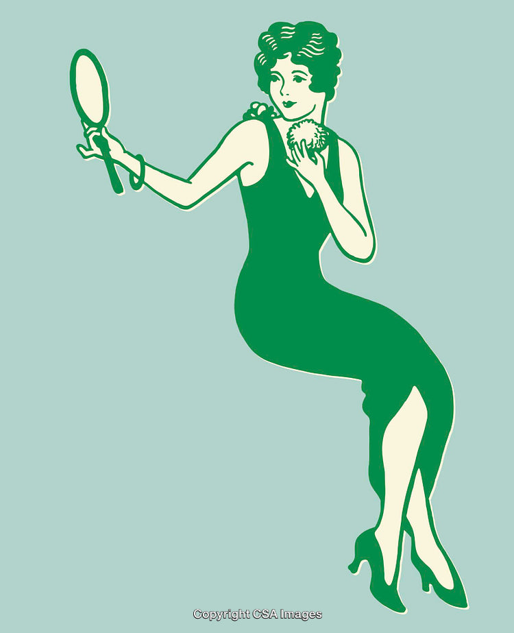 Vintage Style Line Art of Elegant Woman Holding Mirror